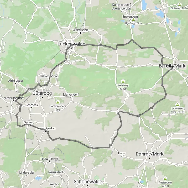 Map miniature of "The Urstromtal Panorama Route" cycling inspiration in Brandenburg, Germany. Generated by Tarmacs.app cycling route planner