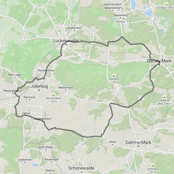 Karten-Miniaturansicht der Radinspiration "Panoramablick Urstromtal und Schloß Wiepersdorf" in Brandenburg, Germany. Erstellt vom Tarmacs.app-Routenplaner für Radtouren