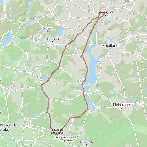 Map miniature of "Gravel Route from Beeskow" cycling inspiration in Brandenburg, Germany. Generated by Tarmacs.app cycling route planner