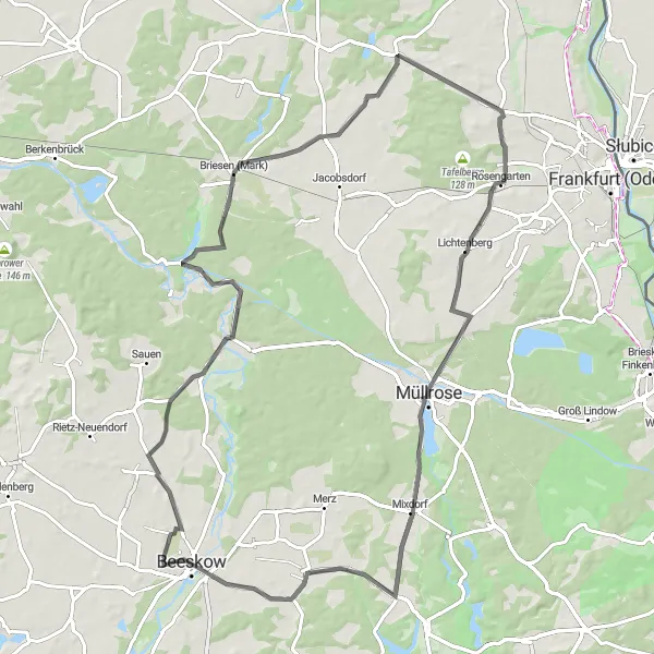 Map miniature of "Raßmannsdorf and Pagram Road Route" cycling inspiration in Brandenburg, Germany. Generated by Tarmacs.app cycling route planner