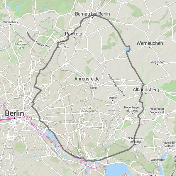 Map miniature of "The Lake and Forest Ride" cycling inspiration in Brandenburg, Germany. Generated by Tarmacs.app cycling route planner