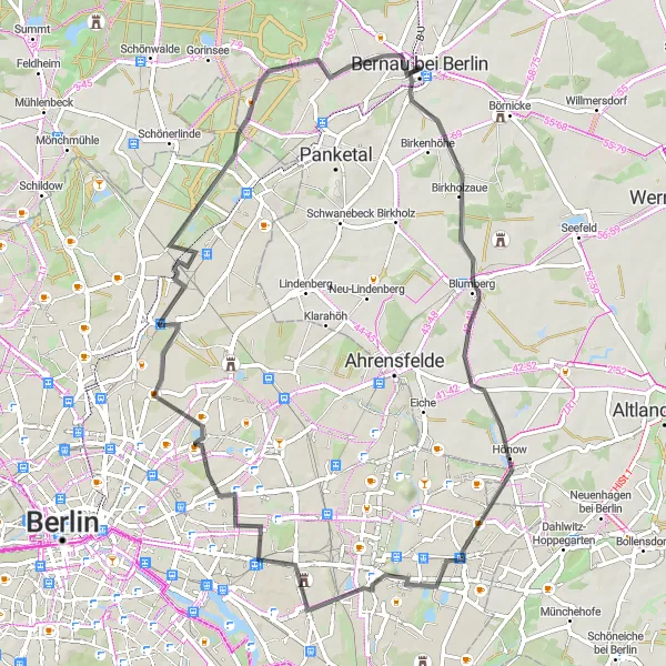 Map miniature of "Bernau Loop" cycling inspiration in Brandenburg, Germany. Generated by Tarmacs.app cycling route planner