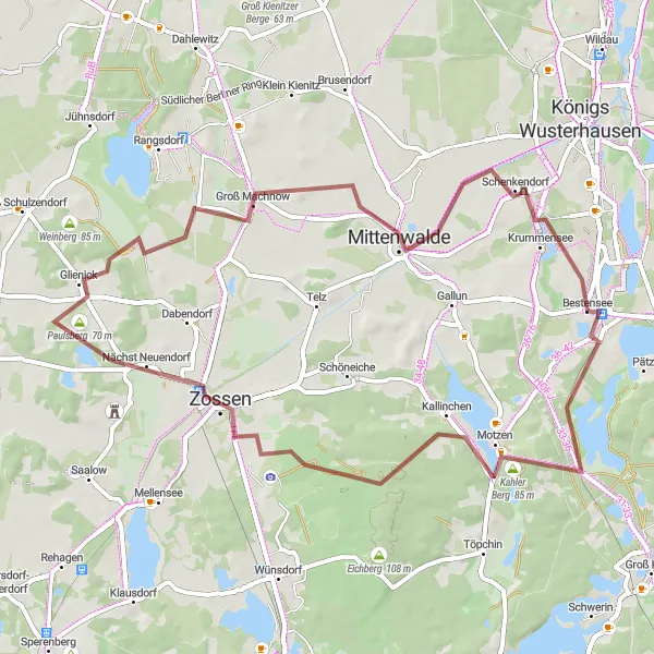 Map miniature of "Zossen Gravel Adventure" cycling inspiration in Brandenburg, Germany. Generated by Tarmacs.app cycling route planner