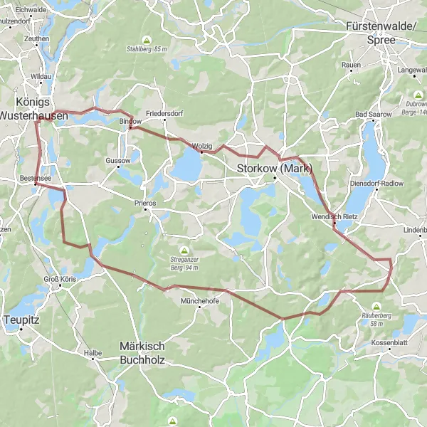Map miniature of "Bestensee Gravel Adventure" cycling inspiration in Brandenburg, Germany. Generated by Tarmacs.app cycling route planner