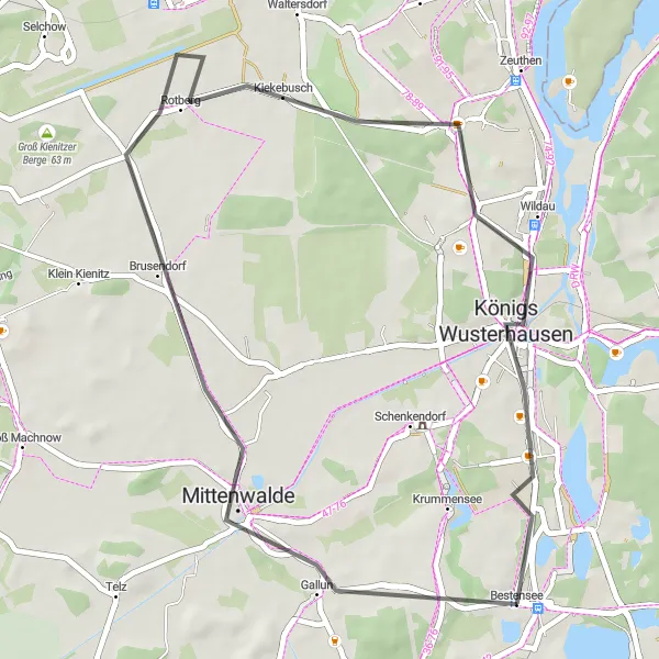 Map miniature of "Scenic Road Ride to Kiekebusch" cycling inspiration in Brandenburg, Germany. Generated by Tarmacs.app cycling route planner