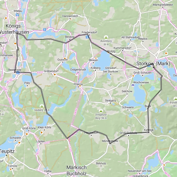 Map miniature of "Bestensee Loop" cycling inspiration in Brandenburg, Germany. Generated by Tarmacs.app cycling route planner