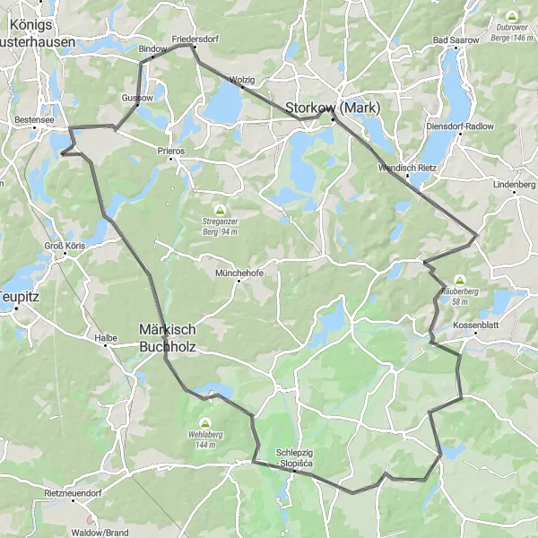 Map miniature of "Markisch Buchholz Road Adventure" cycling inspiration in Brandenburg, Germany. Generated by Tarmacs.app cycling route planner