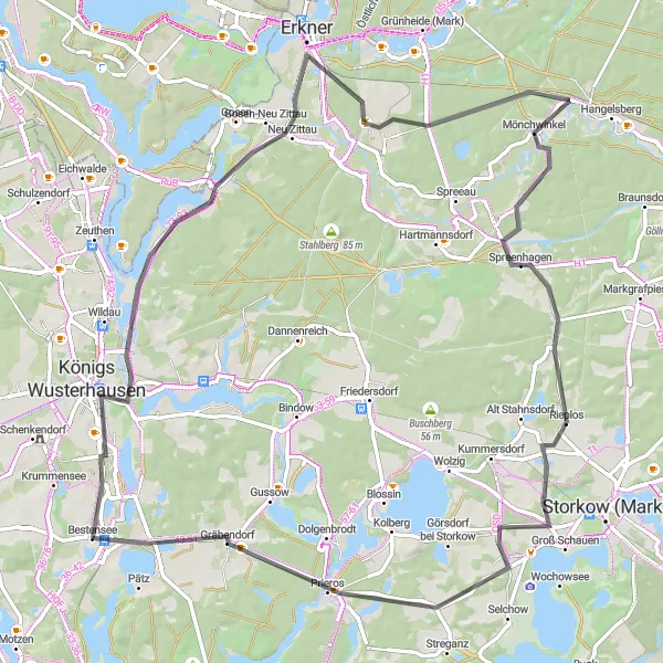 Karten-Miniaturansicht der Radinspiration "Sehenswerte Straßenroute nach und von Bestensee" in Brandenburg, Germany. Erstellt vom Tarmacs.app-Routenplaner für Radtouren