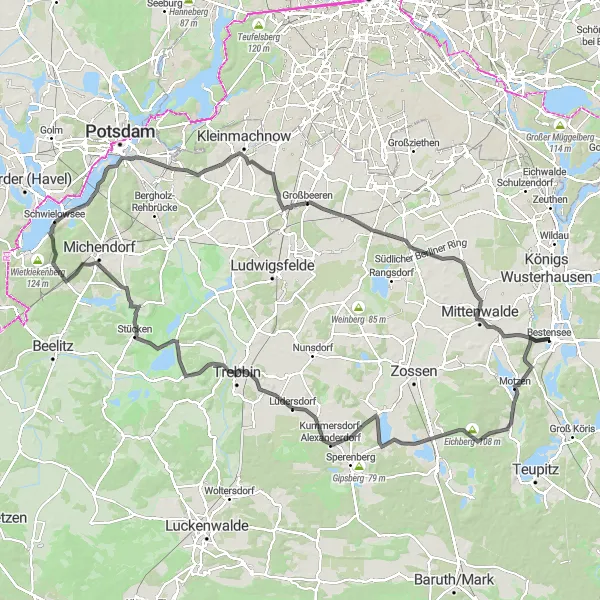 Map miniature of "The Hillside Challenge" cycling inspiration in Brandenburg, Germany. Generated by Tarmacs.app cycling route planner