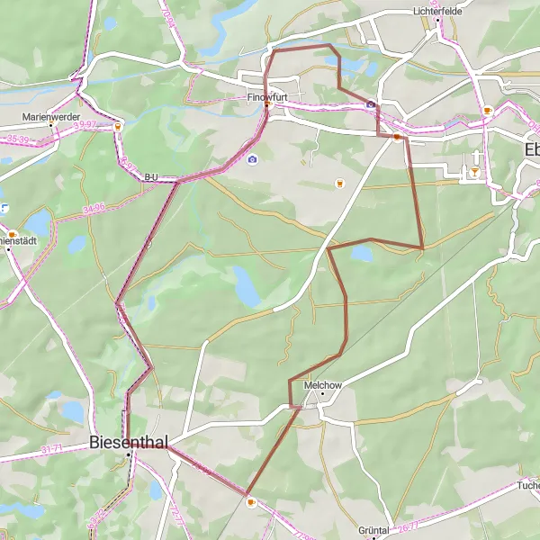 Karten-Miniaturansicht der Radinspiration "Gravel-Rundfahrt um Biesenthal" in Brandenburg, Germany. Erstellt vom Tarmacs.app-Routenplaner für Radtouren