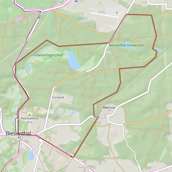 Map miniature of "Wehrmühle to Biesenthal Loop" cycling inspiration in Brandenburg, Germany. Generated by Tarmacs.app cycling route planner