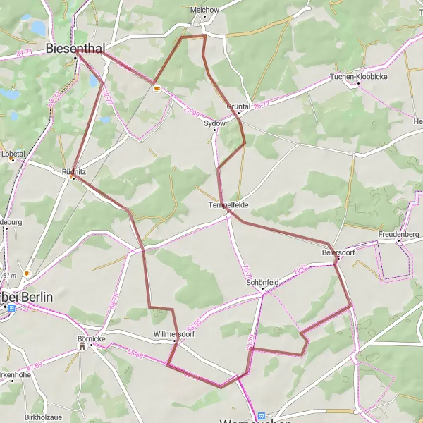 Karten-Miniaturansicht der Radinspiration "Ausflug durch Tempelfelde und Rüdnitz" in Brandenburg, Germany. Erstellt vom Tarmacs.app-Routenplaner für Radtouren