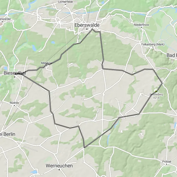Map miniature of "Melchow Loop" cycling inspiration in Brandenburg, Germany. Generated by Tarmacs.app cycling route planner