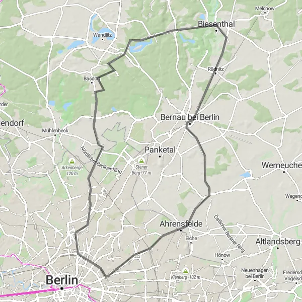 Map miniature of "Road Adventure: Bernau bei Berlin Loop" cycling inspiration in Brandenburg, Germany. Generated by Tarmacs.app cycling route planner