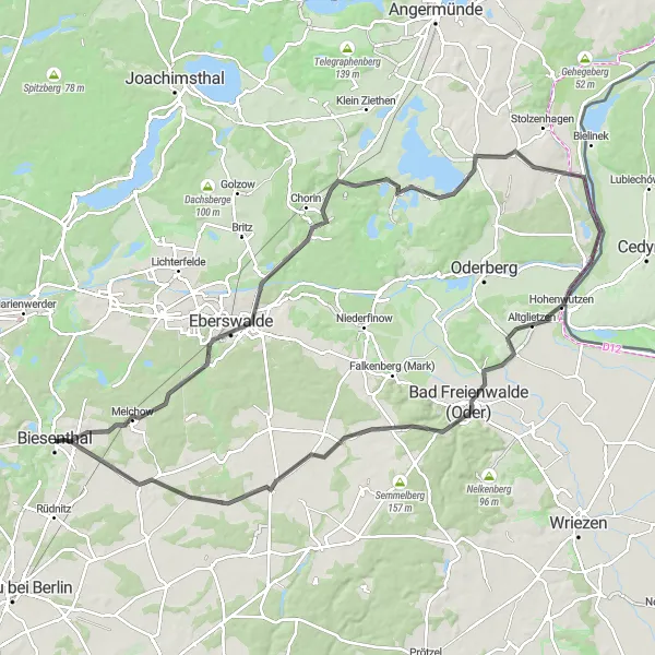 Map miniature of "100 KM Road Challenge: Eberswalde and Chorin" cycling inspiration in Brandenburg, Germany. Generated by Tarmacs.app cycling route planner