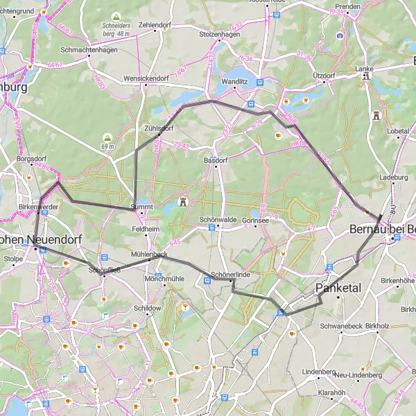 Map miniature of "Zühlsdorf and Panketal Adventure" cycling inspiration in Brandenburg, Germany. Generated by Tarmacs.app cycling route planner