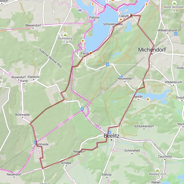 Map miniature of "Borkheide and Surrounding Gravel Adventure" cycling inspiration in Brandenburg, Germany. Generated by Tarmacs.app cycling route planner