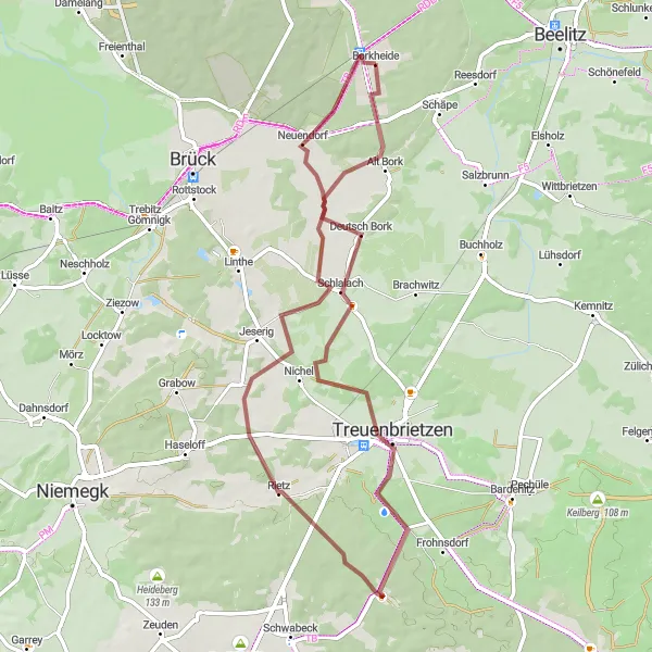 Map miniature of "Explore the Gravel Trails of Borkheide and Treuenbrietzen" cycling inspiration in Brandenburg, Germany. Generated by Tarmacs.app cycling route planner