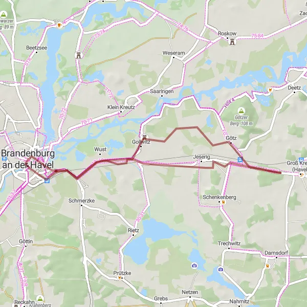 Map miniature of "Along the Graveled Paths" cycling inspiration in Brandenburg, Germany. Generated by Tarmacs.app cycling route planner