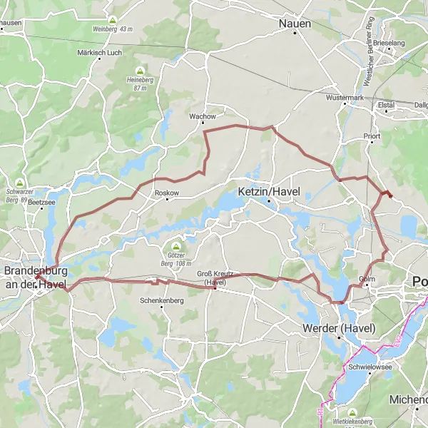 Map miniature of "Scenic Gravel Adventure in Brandenburg" cycling inspiration in Brandenburg, Germany. Generated by Tarmacs.app cycling route planner