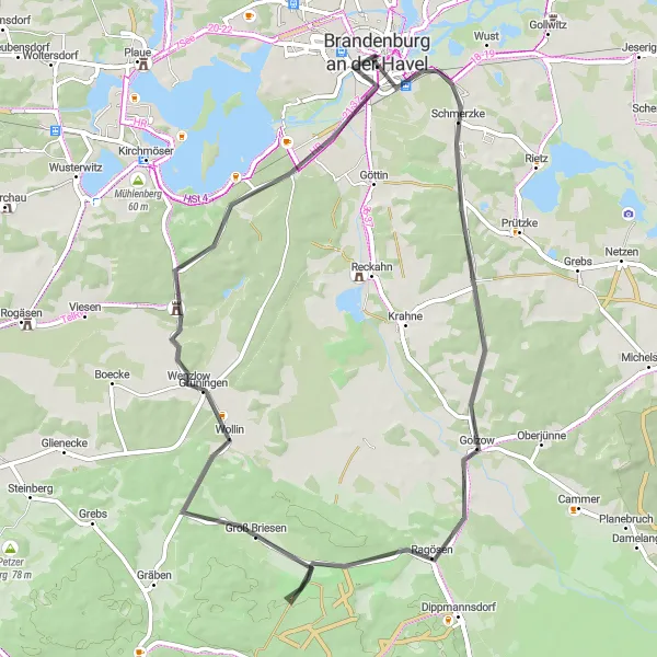 Map miniature of "Scenic Road Ride" cycling inspiration in Brandenburg, Germany. Generated by Tarmacs.app cycling route planner