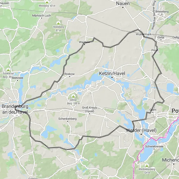 Karten-Miniaturansicht der Radinspiration "Abenteuerliche Tour entlang alter Straßen und Landschaften" in Brandenburg, Germany. Erstellt vom Tarmacs.app-Routenplaner für Radtouren