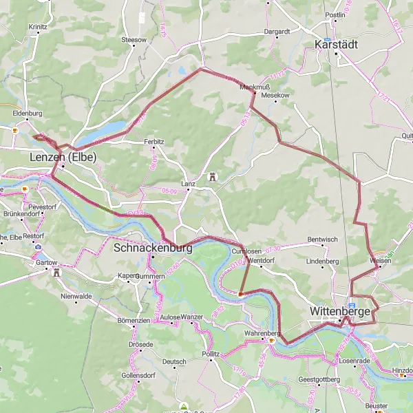 Karten-Miniaturansicht der Radinspiration "Cumlosen nach Weisen" in Brandenburg, Germany. Erstellt vom Tarmacs.app-Routenplaner für Radtouren