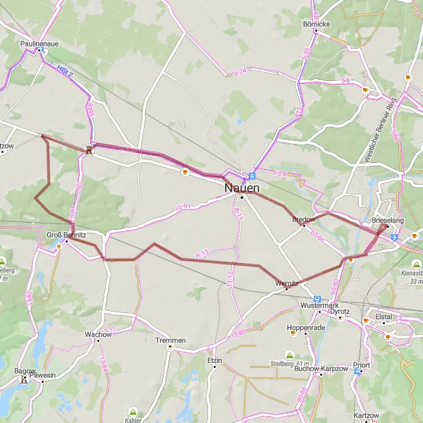 Map miniature of "Brieselang Loop via Zeestow, Groß Behnitz, and Nauen" cycling inspiration in Brandenburg, Germany. Generated by Tarmacs.app cycling route planner