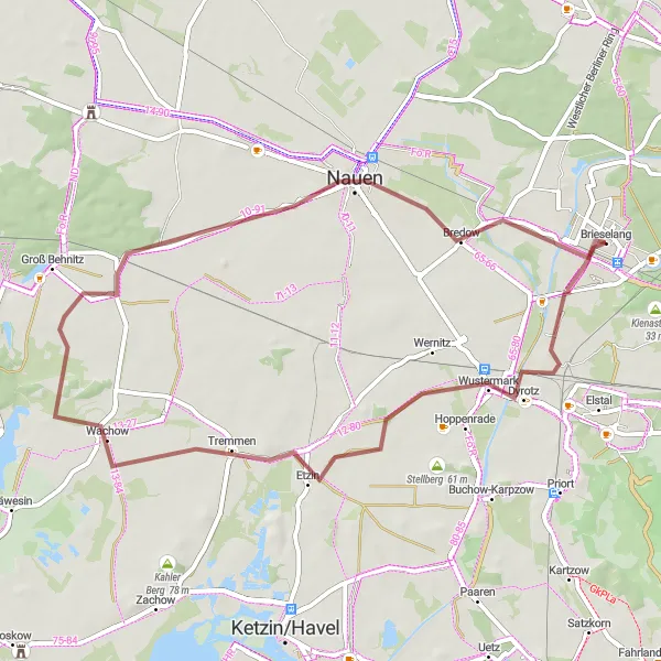 Map miniature of "Brieselang Loop via Wustermark, Thyrowberg, and Bredow" cycling inspiration in Brandenburg, Germany. Generated by Tarmacs.app cycling route planner