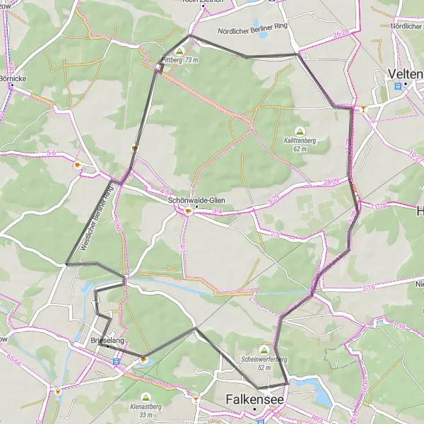 Map miniature of "Brieselang Loop via Perwenitz, Eichstädt, and Falkensee" cycling inspiration in Brandenburg, Germany. Generated by Tarmacs.app cycling route planner