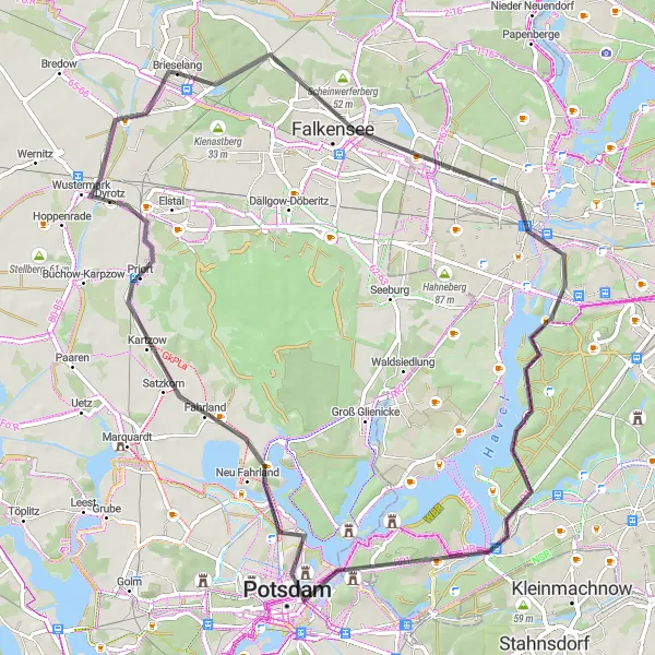 Map miniature of "Brieselang Loop via Falkensee, Spandau, and Potsdam" cycling inspiration in Brandenburg, Germany. Generated by Tarmacs.app cycling route planner