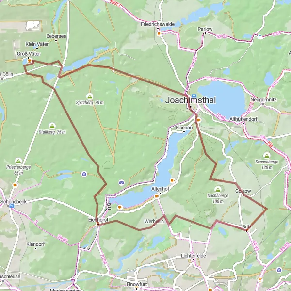 Map miniature of "Britz to Golzow Gravel Adventure" cycling inspiration in Brandenburg, Germany. Generated by Tarmacs.app cycling route planner