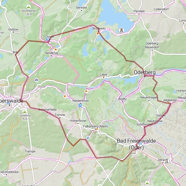 Map miniature of "Chorin and Oderberg Gravel Ride" cycling inspiration in Brandenburg, Germany. Generated by Tarmacs.app cycling route planner