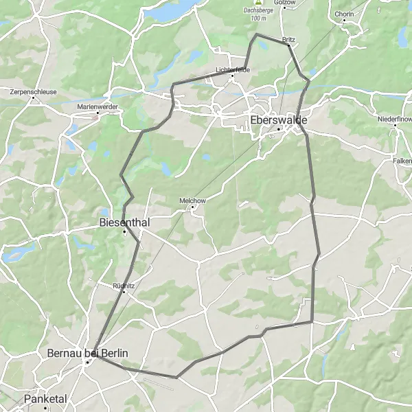 Map miniature of "The Countryside Road" cycling inspiration in Brandenburg, Germany. Generated by Tarmacs.app cycling route planner
