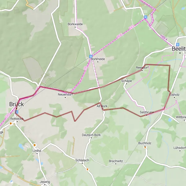 Karten-Miniaturansicht der Radinspiration "Entspannte Tour: Von Reesdorf nach Brück" in Brandenburg, Germany. Erstellt vom Tarmacs.app-Routenplaner für Radtouren