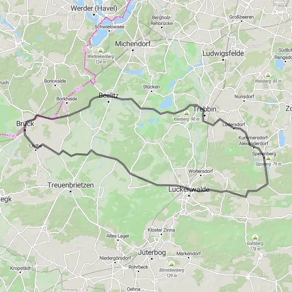 Map miniature of "Brück to Trebbin Circuit" cycling inspiration in Brandenburg, Germany. Generated by Tarmacs.app cycling route planner