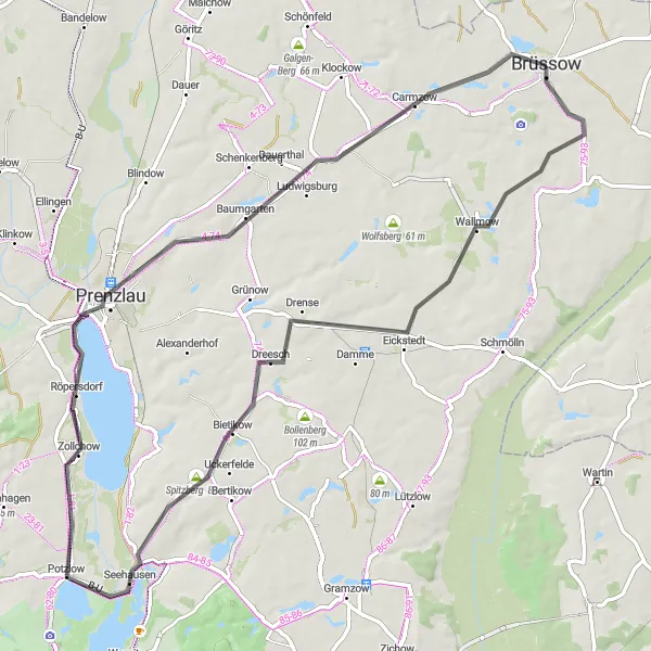 Karten-Miniaturansicht der Radinspiration "Die Seen und Dörfer Route" in Brandenburg, Germany. Erstellt vom Tarmacs.app-Routenplaner für Radtouren
