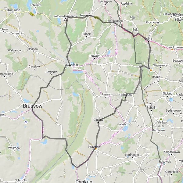 Map miniature of "Challenging Road Ride to Krackow" cycling inspiration in Brandenburg, Germany. Generated by Tarmacs.app cycling route planner