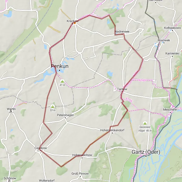 Map miniature of "Penkun - Kapellen-blick - Krackow - Nadrensee - Tantow - Hohenreinkendorf - Penkun" cycling inspiration in Brandenburg, Germany. Generated by Tarmacs.app cycling route planner