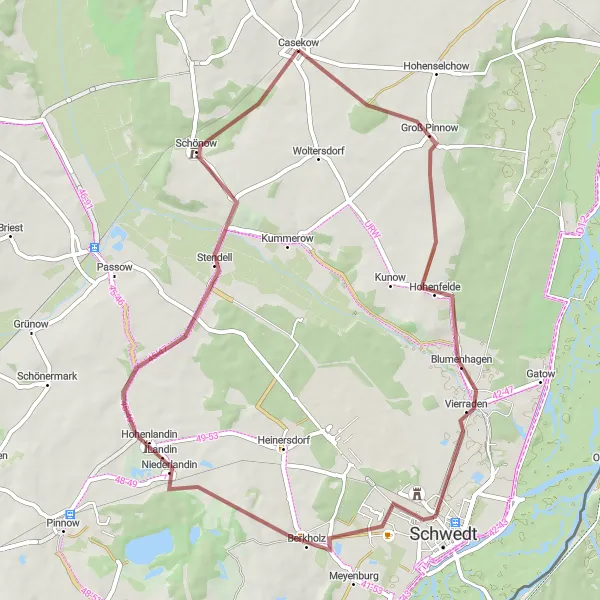 Map miniature of "Casekow - Hohenfelde - Schwedt - Berkholz-Meyenburg - Kappenberg - Casekow" cycling inspiration in Brandenburg, Germany. Generated by Tarmacs.app cycling route planner