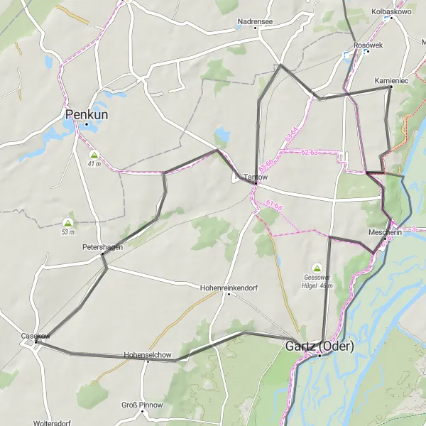 Map miniature of "Tantow - Stettiner Berg - Mescherin - Gartz (Oder) - Hohenselchow - Tantow" cycling inspiration in Brandenburg, Germany. Generated by Tarmacs.app cycling route planner