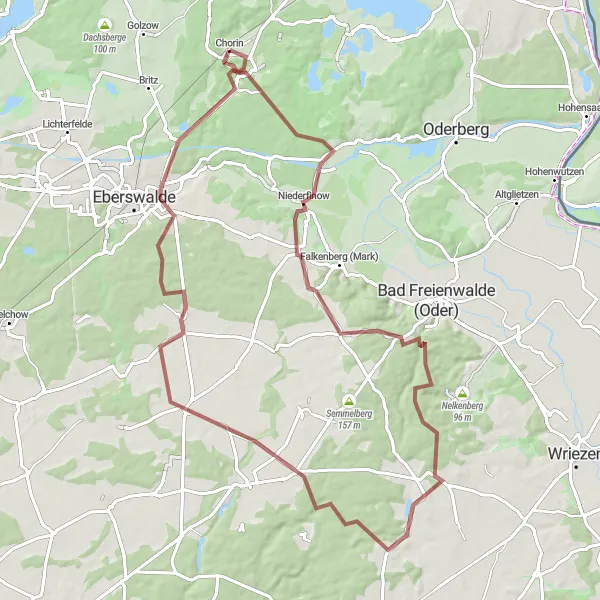 Map miniature of "Chorin Adventure Loop" cycling inspiration in Brandenburg, Germany. Generated by Tarmacs.app cycling route planner