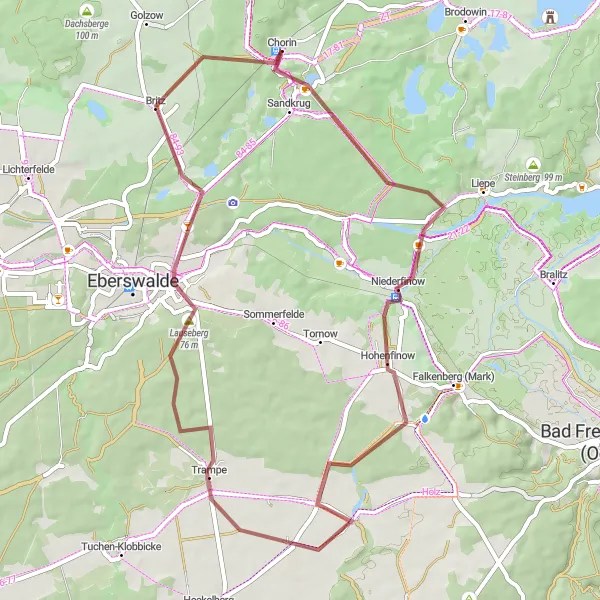Karten-Miniaturansicht der Radinspiration "Kurze Gravelrunde um Chorin" in Brandenburg, Germany. Erstellt vom Tarmacs.app-Routenplaner für Radtouren