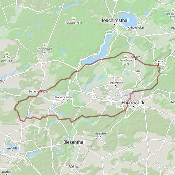 Map miniature of "Ragöser Damm and Kloster Chorin Loop" cycling inspiration in Brandenburg, Germany. Generated by Tarmacs.app cycling route planner