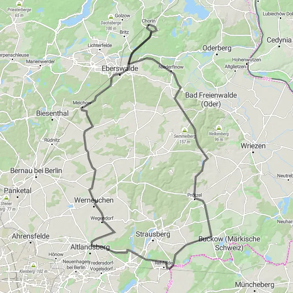Karten-Miniaturansicht der Radinspiration "Rundfahrt von Chorin nach Sandkrug" in Brandenburg, Germany. Erstellt vom Tarmacs.app-Routenplaner für Radtouren