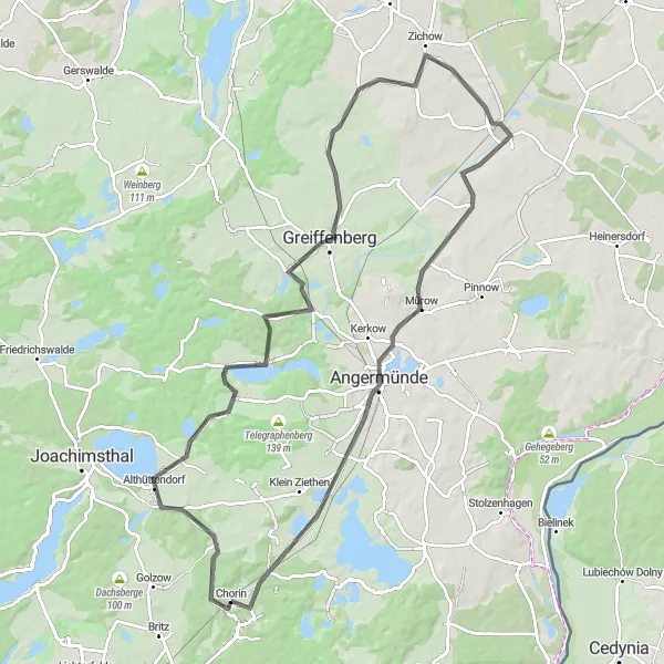 Map miniature of "Chorin and Passower See Road Cycling Tour" cycling inspiration in Brandenburg, Germany. Generated by Tarmacs.app cycling route planner