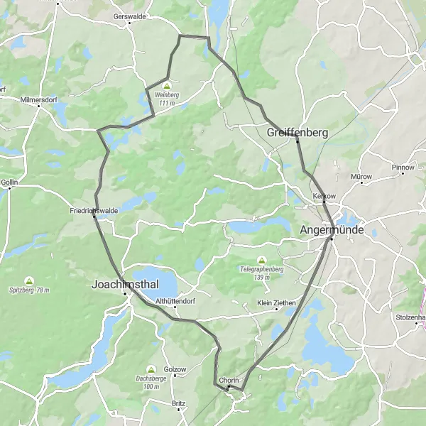 Karten-Miniaturansicht der Radinspiration "Auf den Spuren der Geschichte - Radtour nach Greiffenberg" in Brandenburg, Germany. Erstellt vom Tarmacs.app-Routenplaner für Radtouren