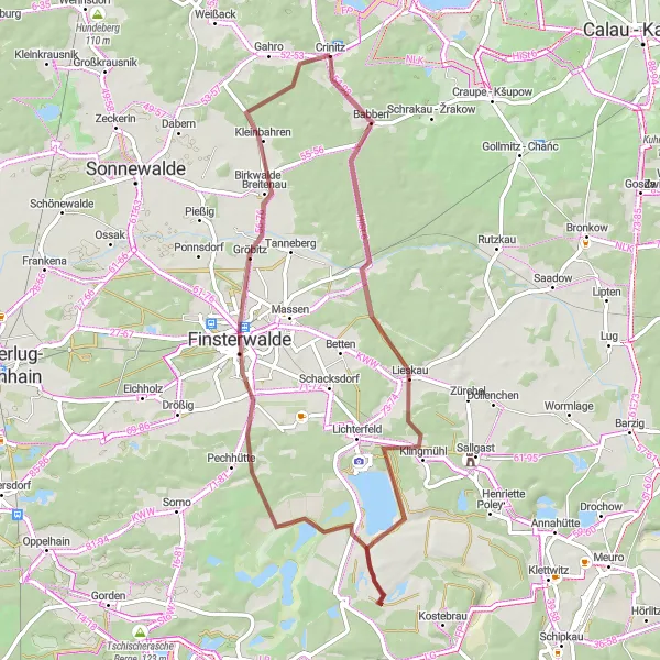 Map miniature of "Crinitz to Finsterwalde Gravel Route" cycling inspiration in Brandenburg, Germany. Generated by Tarmacs.app cycling route planner
