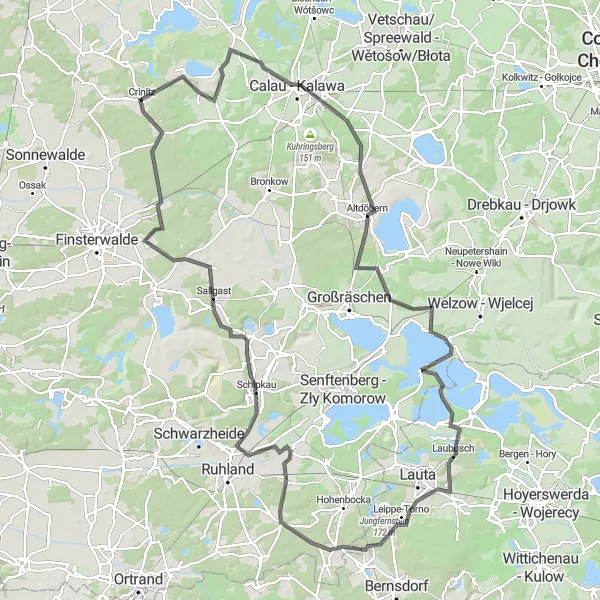 Map miniature of "Challenging Road Cycling Route from Crinitz to Sallgast" cycling inspiration in Brandenburg, Germany. Generated by Tarmacs.app cycling route planner