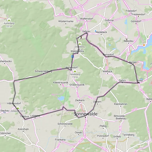 Map miniature of "Scenic Road Cycling from Crinitz to Bergen" cycling inspiration in Brandenburg, Germany. Generated by Tarmacs.app cycling route planner